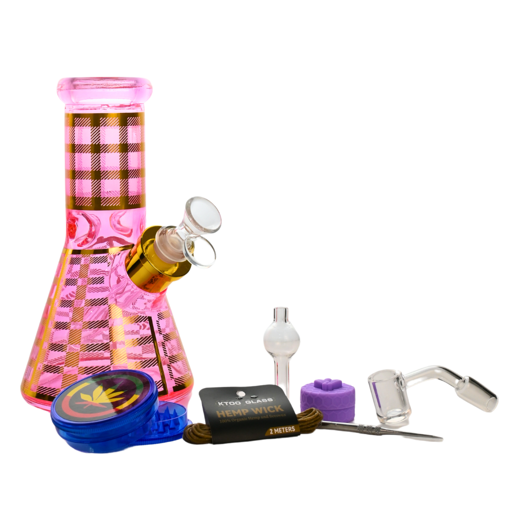 8" Checkered Pattern Glass Bong Dab Kit