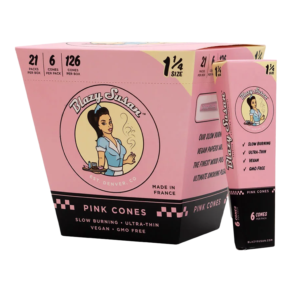 BLAZY SUSAN - PINK ROLLING PAPER - 1 1/4 PRE-ROLLED CONES (21PKS/BOX)