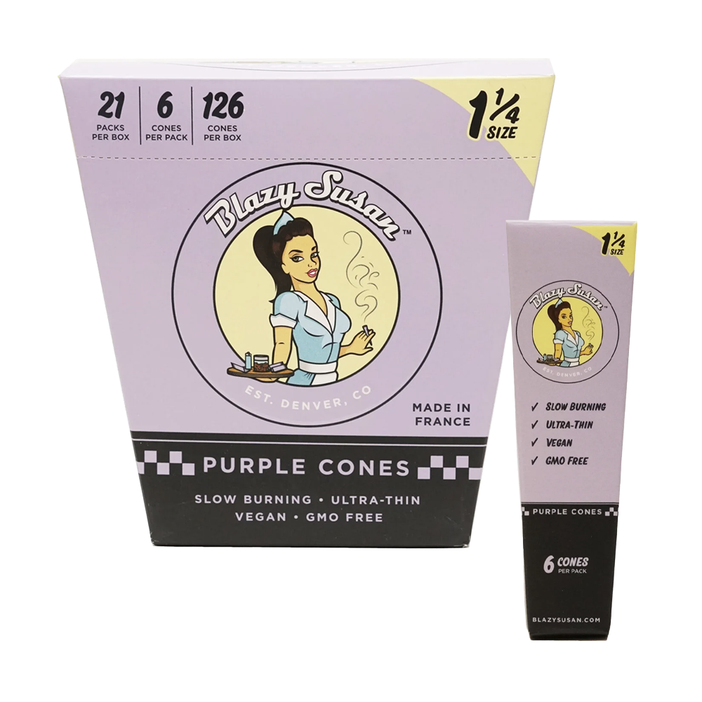 BLAZY SUSAN - PURPLE ROLLING PAPER - 1 1/4 PRE-ROLLED CONES (21PKS/BOX)