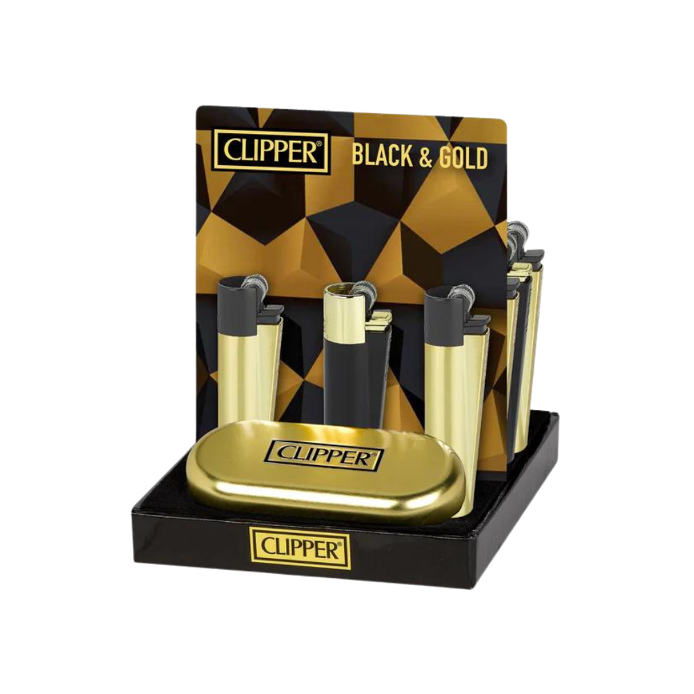 Clipper Classic Large Black GW/Gold BW Lighters - 12ct