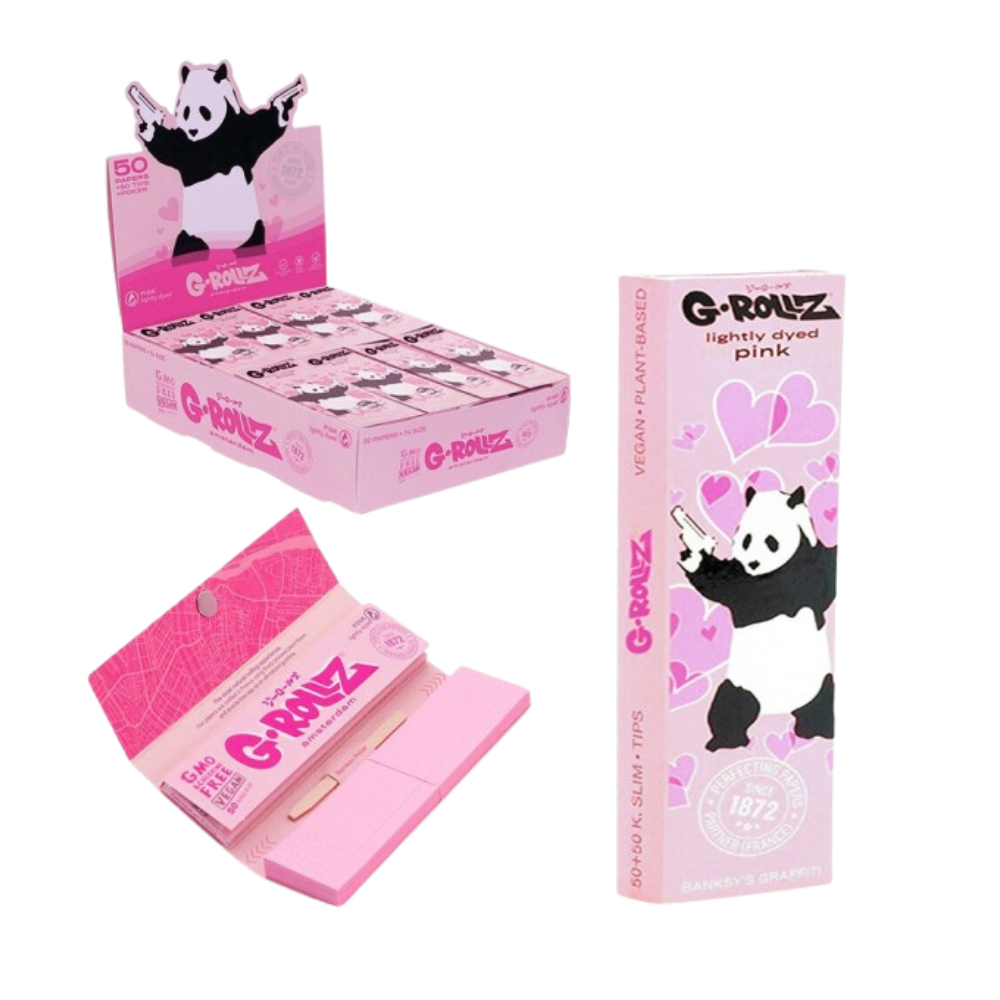 G-Rollz Banksy Graffiti 'Panda Gunnin' Pink 1 1/4 Papers + Tips - 24ct