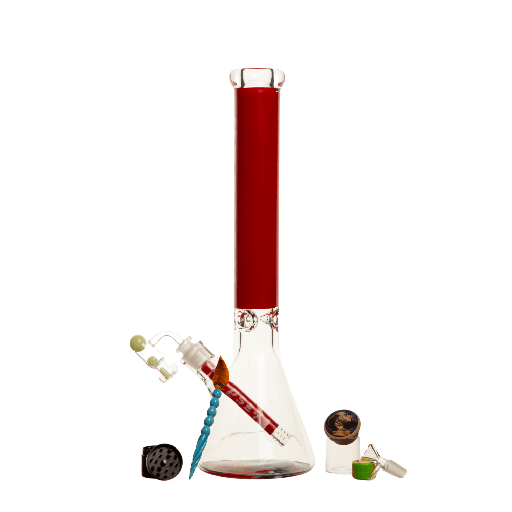 [NB-1809-BBRD-D1] 18" 9mm NH Font Beaker Bong w/ Base Art 1 - Red