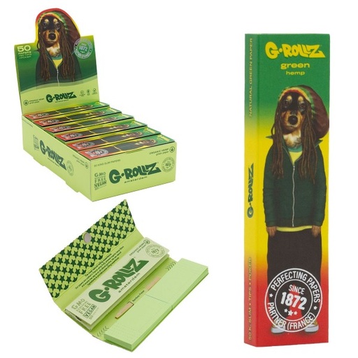 [PR33G] G-Rollz Pets Rock 'Reggae' Green Hemp KS Slim Papers + Tips- 24ct