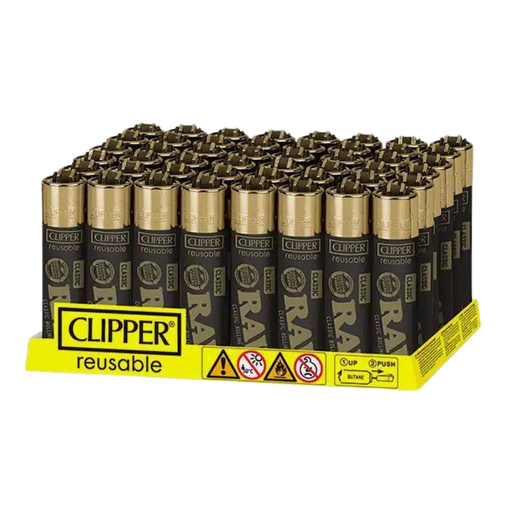 [CLIPPER BLACK & GOLD 48] Clipper Raw Black & Gold Logo Lighters - 48ct