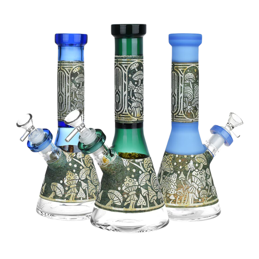 [PP4952] 9" Pulsar Mushroom Melange Etched Glass Beaker Water Pipe - Assorted Colours