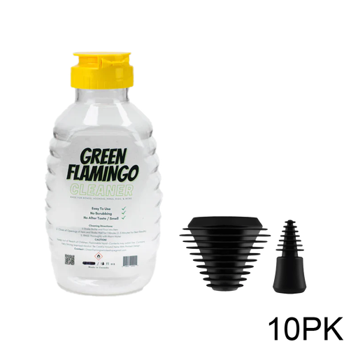 [21-0083-C] GREEN FLAMINGO - LIQUID CLEANER - 11 OZ. + PLUG CAPS (10PK)