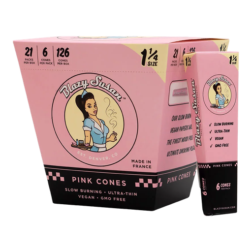 [RP-0932] BLAZY SUSAN - PINK ROLLING PAPER - 1 1/4 PRE-ROLLED CONES (21PKS/BOX)