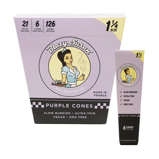 [RP-0937] BLAZY SUSAN - PURPLE ROLLING PAPER - 1 1/4 PRE-ROLLED CONES (21PKS/BOX)