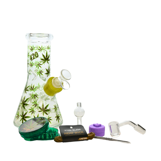 [SA-NM08407G] 8" Green Leaf Glass Bong 9-in-1 Dab Kit